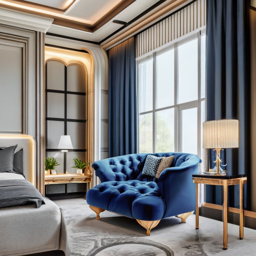 master bedroom with sitting room and tufter royal blue chair