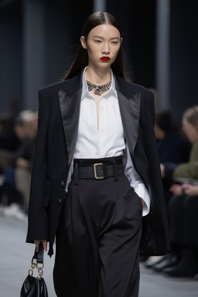 Sleek straight hair and bold red lipstick fashion for fall 2024